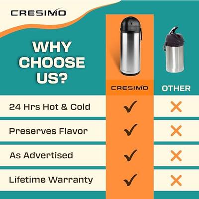 Cresimo 101 oz (3L) Airpot Thermal Coffee Carafe/Lever Action/Stainless Steel Insulated Thermos / 12 Hour Heat Retention / 24 HO