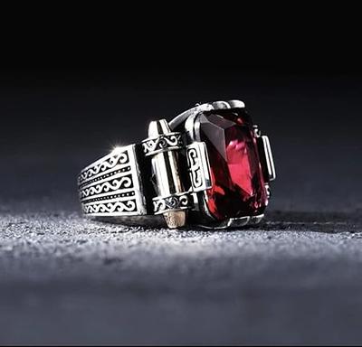 Men's Statement Ring Natural Diamonds & Gemstone in Solid Silver | JFM Ruby