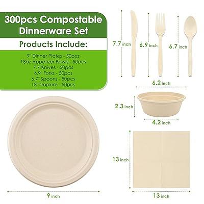 250 Piece (50 Sets) Biodegradable Paper Plates Set (EXTRA LONG UTENSILS),  Disposable Dinnerware Set, Eco Friendly Compostable Plates & Utensil  include