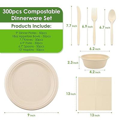 DecorWoo 300Pcs Compostable Paper Plates Set, Eco Party Plates &  Biodegradable Utensil Include Forks, Knives, Spoons, Napkins, Soak Proof  Disposable