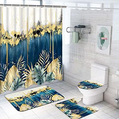 4Pcs Blue Shower Curtain Sets with Non-Slip Rugs, Toilet Lid Cover and Bath  Mat, Black and Gray Bathroom Decor Set Accessories Fabric Waterproof Shower  Curtains with 12 Hooks, 72 x 72 Inch 