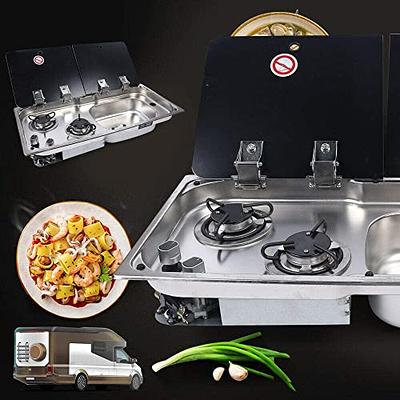 Gas RV Stove Sink Combo with Fauce & Cover, Camper Sink Gas Stove 2 Burners  LPG Cooktop Boat Caravan Camping Cooker Stainless Outdoor RV Kitchen Sink