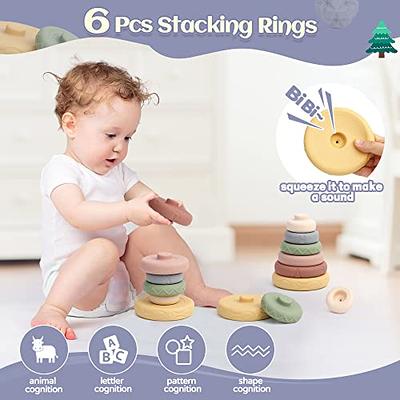 5 in 1 Montessori Toys for Babies 0-3-6-12 Months, Soft Baby Teething Toys,  Sensory Bin Toy, Stacking Building Blocks & Rings for