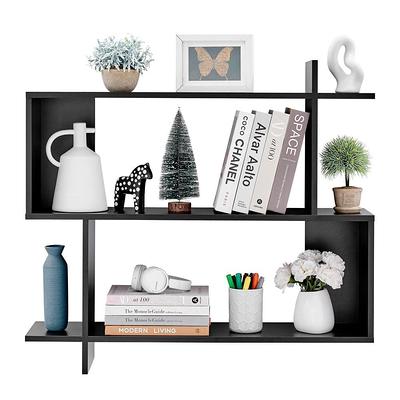 Danya B. Rhodes 4 Tier Modern Floating Windowsill Wall Shelf Unit with Black Metal Frame and Light Walnut MDF Shelves, Brown