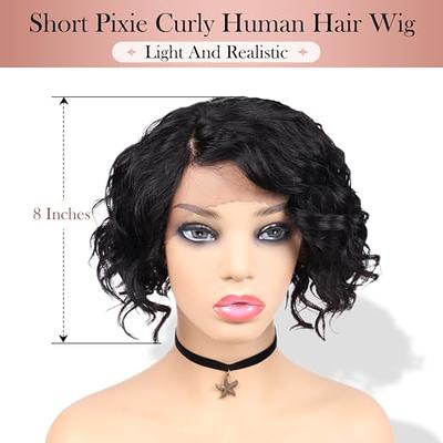 Curly Wig Human Hair Wigs, 8 inch Short Bob Pixie Cut Brazilian Human Hair  Wig, Black Afro Kinky None Lace Front Wigs for Women, Deep Wave Side Part  Wig with Wig Cap 