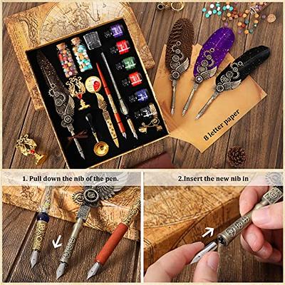  YICMY Quill Pen and Ink Set Feather Pen Set,Calligraphy Pen  Set for Beginners,Wax Seal Stamp Set Calligraphy Writing Quill Pen Set with  8 Letter Papers Calligraphy Pen and Ink Set