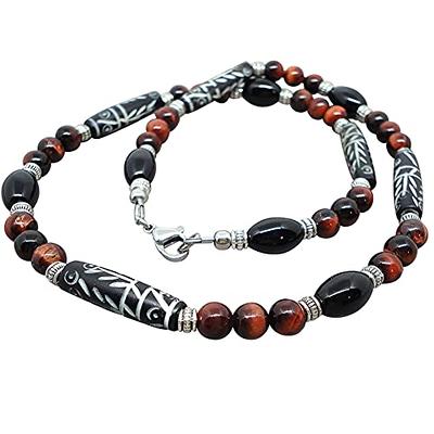 Mens Tribal Style Necklace - Carved Bone, Black Onyx, Red Tiger