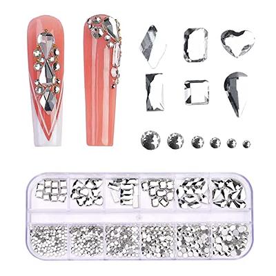 qiipii 1300pcs Crystal White Nail Art Rhinestones Crystal Clear Nail Charms 60 Multi Shapes Crystal Flatback Rhinestones Big Gems +1240 Round Beads K9 Glass