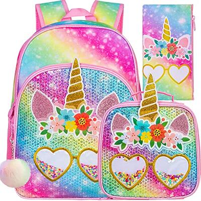 3PCS Unicorn Backpack for Girls, 16”Kids Preschool Sequin Bookbag and Lunch  Box for Kindergarten Elementary