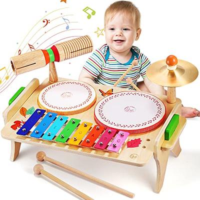 Baby Drum Toys Musical Instruments, All-in-one Wooden Montessori Musical  Set for 1&2Y (Includes Xylophone Drum Cymbal Guiro Gears), Gifts for 1+  Year Old Girl Preschool 