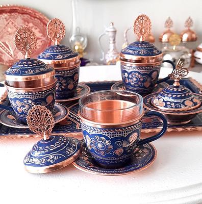 Turkish Tea Set Blue, Copper Set, Cups Pot, Housewarming Gift