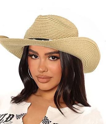 Women Straw Sun Hat Mens Cowboy Style Garden Hat UPF 50+ Wide Brim Summer  Hat with Wind Lanyard 