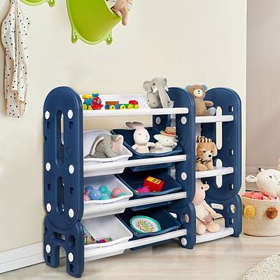 Basics Kids Toy Storage Organizer With 12 Plastic Bins, White Wood  With Pink Bins, 10.9 D x 33.6 W x 31.1 H