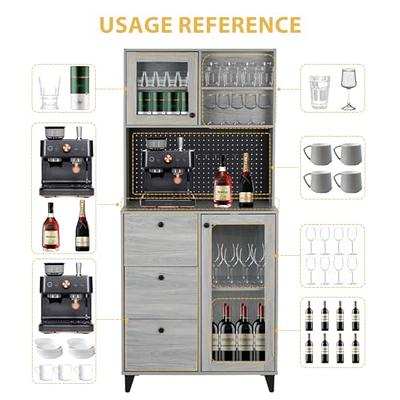 YITAHOME Farmhouse Bar Cabinet for Liquor and Glasses, Dining Room Kitchen Cabinet with Wine Rack, Upper Glass Cabinet, Open Storage Shelves for