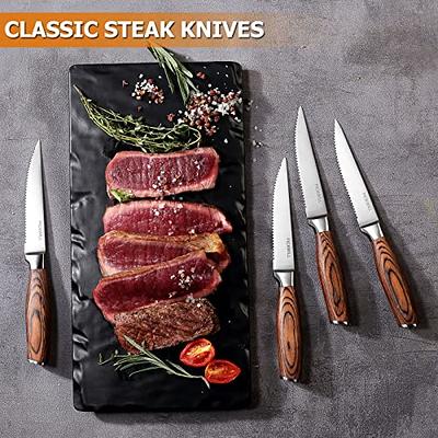 ODERFUN Steak Knives Set of 4, High Carbon Serrated Steak Knives 4.5 Inch,  Full Tang and Ergonomic Handle, German Stainless Steel Steak Knife Set with