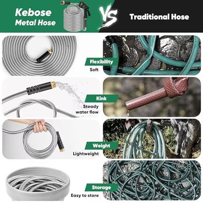 Metal Garden Hose 50ft, Heavy Duty Stainless Steel Water Hose with 10  Functional Nozzles, No Kink