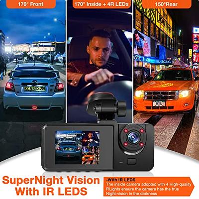 3 Channel Dash Cam Front and Rear Inside,1080P Full HD 170 Deg Wide Angle  Dashboard Camera,2.0 inch IPS Screen,Built in IR Night Vision,G-Sensor,Loop