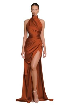 Satin Burnt Orange Bridesmaid Dress for Wedding Long Mermaid Prom