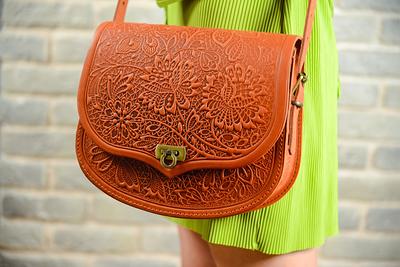 Red Flower Embossed Leather Crossbody Satchel Bag