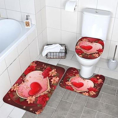 Red Bath Room Pedestal & Mat Set Non Slip Washable Rug