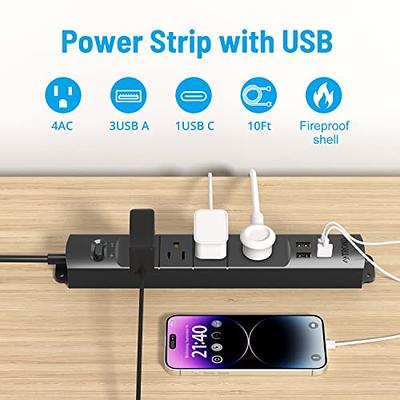 TROND Flat Plug Power Strip with USB C, 10FT Ultra Thin Long Extension  Cord, 2 USB & 1 Type C, 3 AC Outlets Desktop Charging Station, Wall Mount