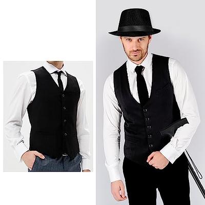 party costume of a 1920s gangster, black and white pinstripe trousers, and  matching vest, black shirt …