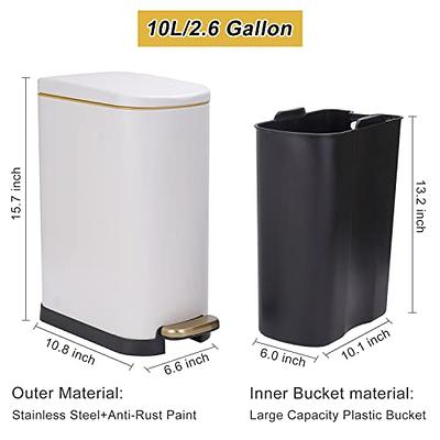 Soft Close, Rectangular Trash Can 10L with Anti - Bag Slip Liner and Lid,  Use as Mini Garbage Basket, Slim Dust Bin, or Decor in Bathroom, Restroom,  Kitchen, or Bedroom (10L /