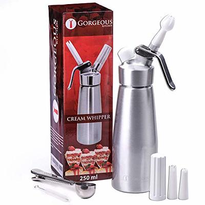 Professional Whipped Cream Dispenser 250ml Aluminum Cream Whipper, Durable  Stainless Steel Coffee Spoon, 3 Decorating Nozzles, Charger Holder and  Cleaning Brush (N2O Cartridge not Included) - Yahoo Shopping