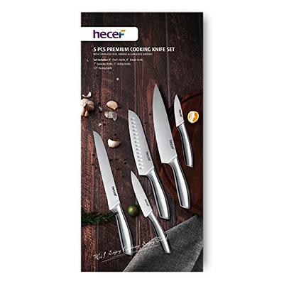 Hecef Silver Kitchen Knife Set of 5, Satin Finish Blade with Hollow Handle, Includes 8 Chef, 8 Bread, 8 Santoku, 5 Utility and 3.5 Paring Knife