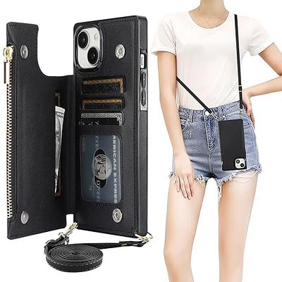 DEFBSC Compatible with iPhone 13 Pro Max Case, Crossbody Wallet Case,  Adjustable Detachable Lanyard Neck Strap with Kickstand Leather Card Holder