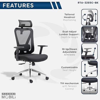 Techni Mobili High Back Executive Mesh Office Chair with Arms, Headrest and Lumbar Support - Blue