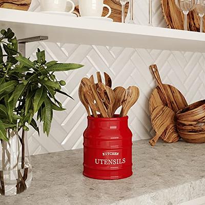 Red Cutlery Holder, Ceramic Silverware Container, Kitchen Cutlery