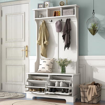 Entryway hall tree with coat rack 4 hooks and storage bench shoe cabinet  white - Yahoo Shopping