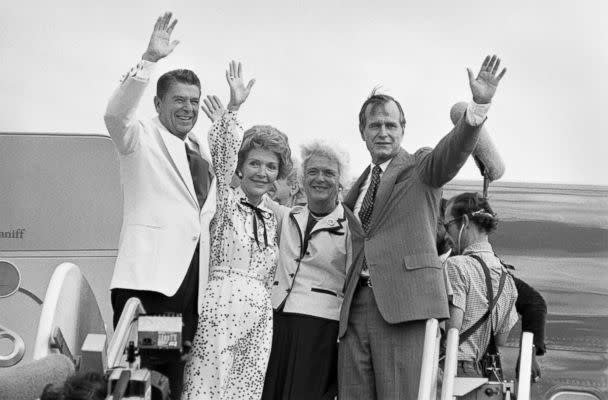 PHOTO: Republican presidential candidate Ronald Reagan, left, and vice presidential candidate George Bush wave goodbye along with their wives as they leave Detroit after the Republican National Convention, July 19, 1980. (Bettmann Archive/Getty Images, file)