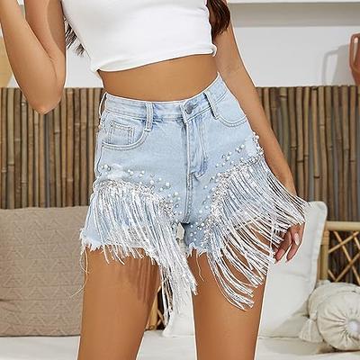 High Waist Raw Hem Rhinestone Fringe Denim Shorts