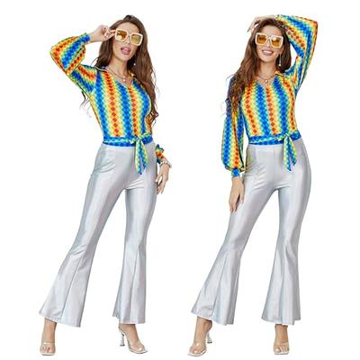 Joy Bang 70s Outfits Woman, 60s Disco Dance Costumes, Rainbow Top Shirts  Clothes Long Sleeved and Silver Retro Pants, Carnival Halloween Cosplay, M  - Yahoo Shopping