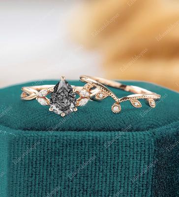 Women's Vintage Black Rutilated Quartz Wedding Ring Set