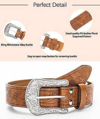 Women-Leather-Belts Vintage Western-Belt with Carved Buckle Waist