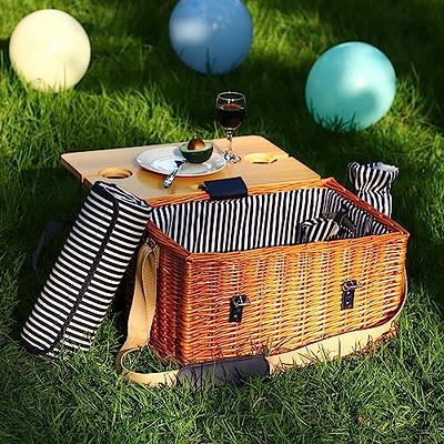 Wicker Picnic Basket for 4, 4 Person Picnic Kit, Willow Hamper Service Gift  Set with Blanket Portable Bamboo Wine Snack Table for Camping and Outdoor