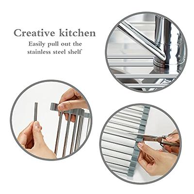  Tomorotec Triangle Roll-Up Dish Drying Rack for Sink Corner  Small Foldable Stainless Steel Over The Sink Multipurpose Kitchen Drainer  Caddy Organizer Storage Space Saver Shelf Holder (Gray)