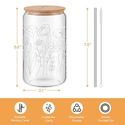 Wild Flower Woman Iced Coffee Glass, Glass Coffee Cup, 16 Oz, Beer Can Glass,  Boho Tumbler, Glass Cups With Lids and Straws 