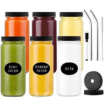Glass Juice Bottles for Juicing, Airtight Lids & 4 Straws & 4 Lids