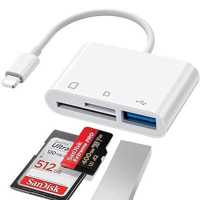 SD Card Reader for IPhone USB Adapter 3 in 1 SD MicroSD Card Adapter for  iPad Simultaneous Reading Double Memory Cards Trail Camera SD Viewer  Support