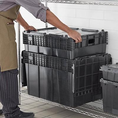 Orbis 30 x 22 x 20 1/2 Flipak Black Stackable Industrial Tote Box with  Hinged Flip Lid