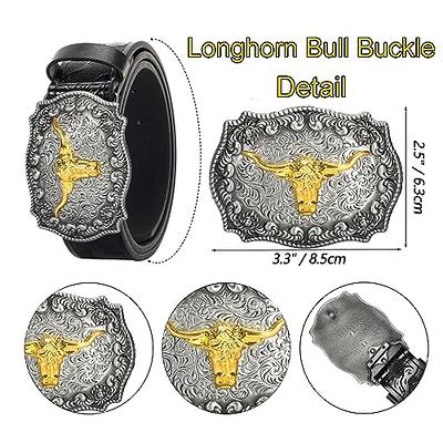 XuoAz Western Cowboy Belt for Men Women - Floral Engraved PU Leather  Longhorn Bull Buckle Belts (for 25 to 38 Waist) at  Men's Clothing  store