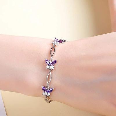 Nieboa S925 Sterling Silver Purple Butterfly Bracelets for Women,Adjustable Charm Birthdaystone Bracelet Jewelry Birthday or Anniversary Gifts for