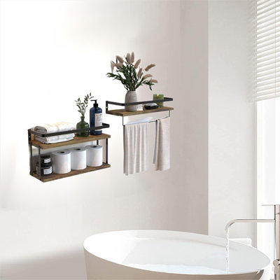 Oumilen Wall Mounted Paper Towel Holder with Wood Shelf, Rustic Brown