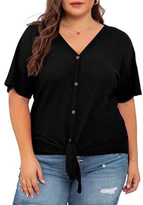 OLRIK Plus Size Tops for Women Lace Sleeve Blouse Waffle Knit