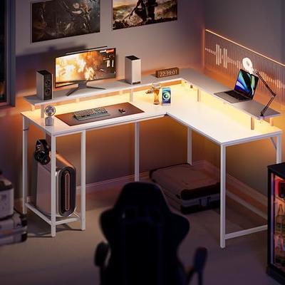 Huuger 55 inch Computer Desk with 3 Drawers, Office Desk Gaming Desk with LED Lights & Power Outlets, Home Office Desks with Storage Space for