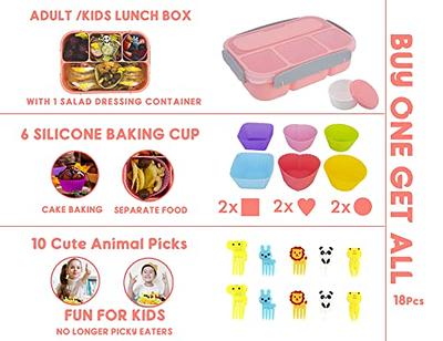 Bento Lunch Box for Kids Girls Boys,4 Compartment Bento Box Adult Lunch Box  Containers,Kids Lunch Box with Fun Accessories Silicone Food Cake Cups,  Cute Food Picks for Kids,Sauce Container, Utensils,Easy to Clean